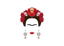 Portrait Of Mexican Woman With Skulls , Mexican Crafts Earrings And Red Flowers, Minimalist Frida,  Inspiration Santa Muerte In Mexico And Catrina, Vector Illustration 