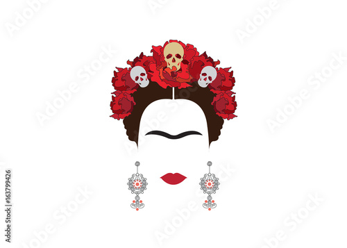 Portrait de femme mexicaine avec des crânes, boucles d'oreilles artisanat me Tableau sur Toile