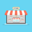 Marketplace online vector illustration, flat style internet multivendor store on laptop computer with multi vendor stores