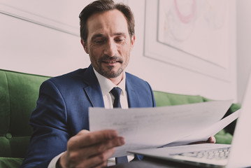 Wall Mural - Smart businessman working with papers and laptop