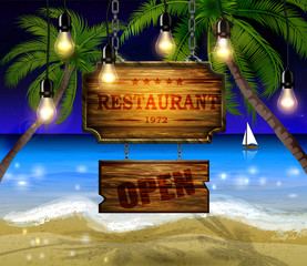 Wall Mural - summer wooden sign on tropical beach background