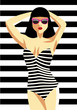 Beautiful young woman with sunglasses and swimsuit, retro style. Pop art. Vector eps10 illustration