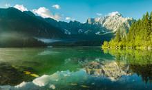 High Resolution Panorama Of The Laghi Di Fusine Alpine Lake In The Julian Alps In Italy