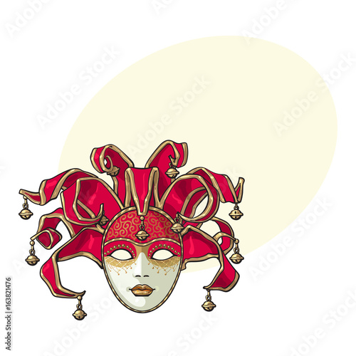 Decorated Venetian Carnival Jester Mask With Bells And Golden