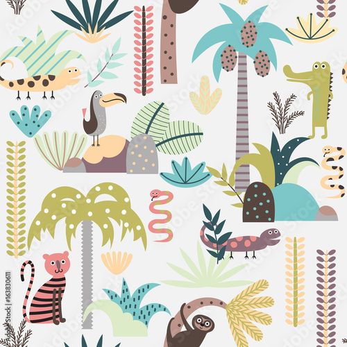 Seamless background with cartoon jungle animals