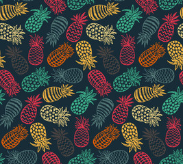 Vector seamless pattern with ornate pineapple fruits