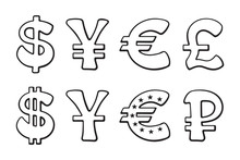 Sign Of American Dollar, European Euro, Japanese Yen And Chinese Yuan, Russian Ruble And British Pound. Vector Illustration Set. Hand Drawn Doodles Signs Of World Currencies