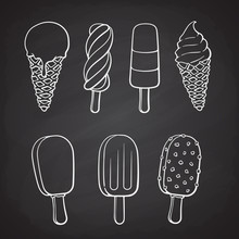 Hand drawn doodles of ice creams, ice ball in the waffle cone, choc-ice  with glaze and nuts, fruit ice lolly, colored spiral popsicle. Vector illustration set.  Summer desserts for menus, showcases
