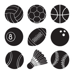 Wall Mural - Vector illustration. Silhouettes of football, soccer, basketball, volleyball, baseball, tennis, badminton, bowling and billiards balls. Set of sports balls icons. Templates of sports equipment