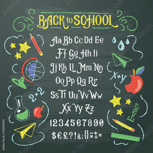 Vector illustration of retro font, capital letters, numbers and symbols writt...