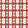Blue and red color repeated squares and brackets on white background. Seamless pattern with simple geometric ornament.