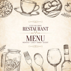 Restaurant menu design. Vector menu brochure template for cafe, coffee house, restaurant, bar. Food and drinks logotype symbol design. With a sketch pictures