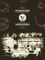 Restaurant menu design. Vector menu brochure template for cafe, coffee house, restaurant, bar. Food and drinks logotype symbol design. With a sketch pictures