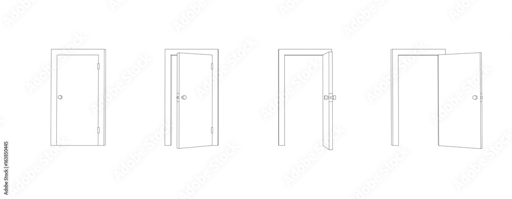 Outline closed and opened doors. Front view door vector. - obrazy, fototapety, plakaty 