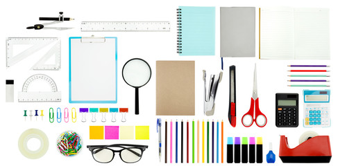 school supplies, accessories on a white background. school supplies for learn Flat lay, top view