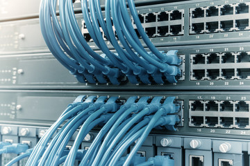 network cable connecting on network core switch close up