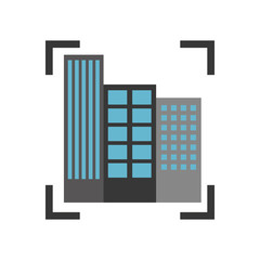 Sticker - buildings cityscape scene with target vector illustration design