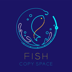 Fish, Fishing rod circle shape, Water splash and Air bubble logo icon outline stroke set dash line design illustration isolated on dark blue background with Fish text and copy space