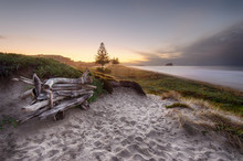Driftwood Bench Seat On Sand Dunes Overlooking Mount Maunganui Beach At Sunset.