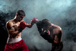© master1305 - Two professional boxer boxing on black smoky background,