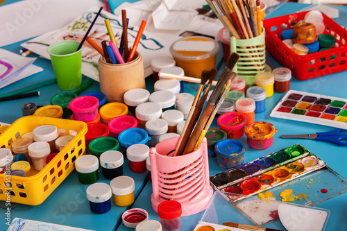 Kindergarten Tables With Painting Brush Preschool Class Waiting