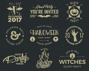 Wall Mural - Halloween 2017 party label templates with scary symbols - zombie hand, witch hat, bat, pumpkin and typography elements. Use for party posters, flyers, invitations. On t shirt, tee and other identity.