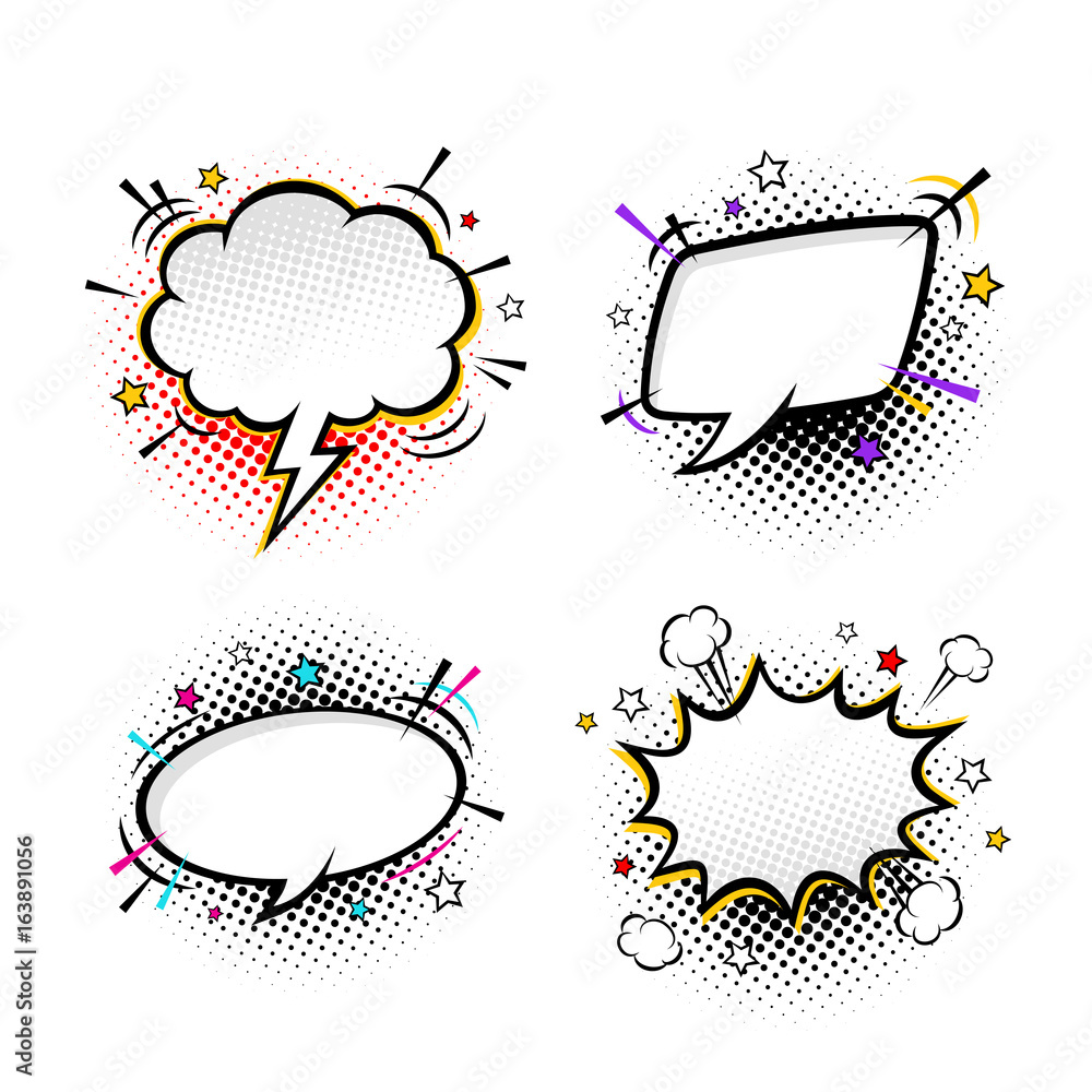 Vetor Comic empty speech bubbles on halftone dots background with ...
