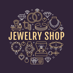 Jewelry shop, diamond accessories banner illustration. Vector line icon of jewels - gold engagement rings, gem earrings, silver necklaces, charms bracelets, brilliants. Fashion store circle template.