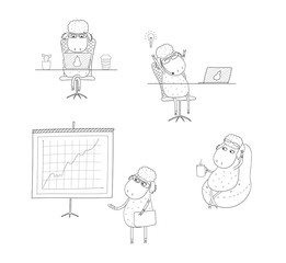  Hand drawn black and white vector illustration of a funny sheep working in an office, with a laptop, doing presentation, talking on the phone.