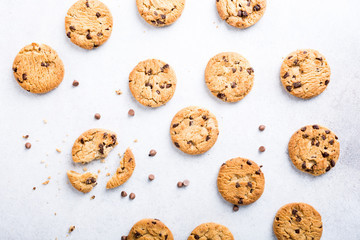 Wall Mural - Background with chocolate chip cookies. Flat lay. Top view.