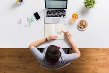 Sticker - woman with laptop drawing in notebook at office