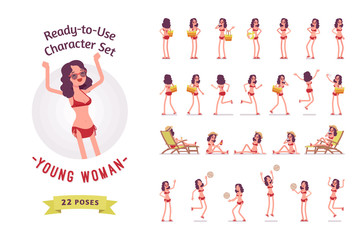 Ready-to-use young woman in swimwear character set, various poses and emotions