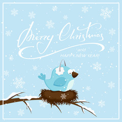 Wall Mural - Christmas background with blue bird and snowflakes