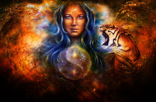 Goddess Woman And Tiger And Symbol Yin Yang In Cosmic Space.