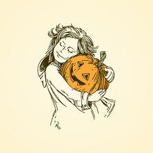 Halloween. Girl Holding In Hands Big Pumpkin. Vintage Style. Vector Illustration.