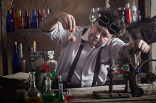 Crazy Medieval Scientist Working In His Laboratory