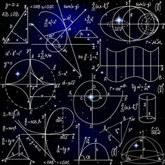 Math vector seamless pattern with formulas, figures and calculations handwritten on starry space background. Scientific endless texture