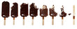 Progression of chocolate covered vanilla ice cream bars on a wooden stick with bites taken out. Isolated over a white background.