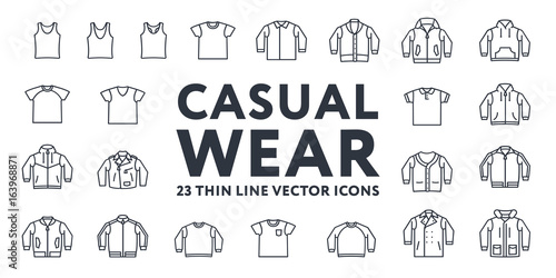 Fotografía Thin Line Stroke Casual Sportswear Menswear Clothes Vector Icons Set: T-shirt, Tank top, Polo, Sweater, Sweatshirt, Cardigan, Leather Jacket, Bomber, Hoodie, Pea Coat