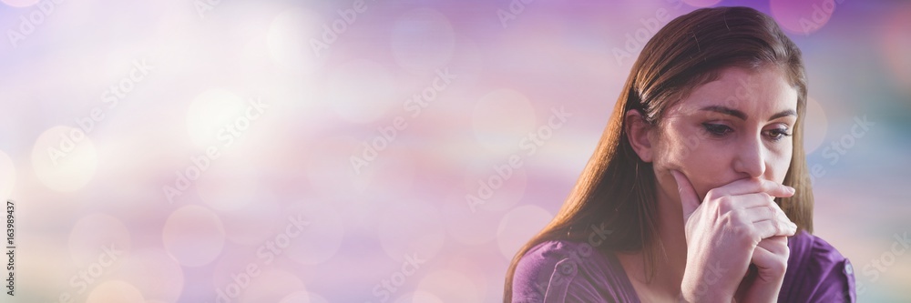Thinking and worried woman with sparkling light bokeh transition - obrazy, fototapety, plakaty 