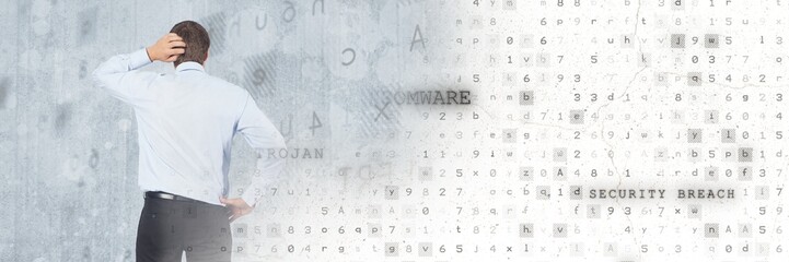 Thinking man with code virus security transition