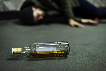 Wall Mural - Homeless Alcoholism Drunk Man Sleeping on The Floor