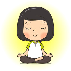 Cute girl meditate yoga pose cartoon vector illustration