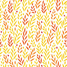 Subtle Golden Yellow And Red Leaves Floral Seamless Pattern On White, Vector