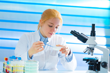 Poster - Laboratory assistant in the medical laboratory control a microbiological analysis of the blood. Using a pipette and a test tube in the laboratory