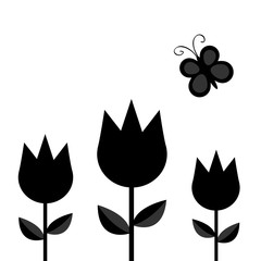 Wall Mural - Three tulip flower set with leaf and flying butterfly insect black silhouette shape form. Simple sticker template. Floral plant decoration element. Flat design. White background. Isolated.