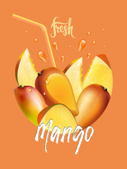 Wall Mural - Background with mango fruit in a circle. The spray of juice is flying up.  Whole fruits, slices mango, drops of juice, cocktail tube. 