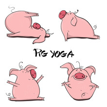 Set Of Cute Piglets In Various Yoga Poses. Vector