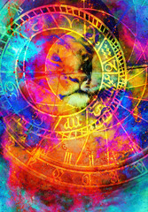 Fotobehang - beautiful painting of lioness with zodiac motive in floating space energy and light.