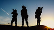 © Gorodenkoff - Squad of Three Fully Equipped and Armed Soldiers Standing in Desert Environment in Sunset Light.